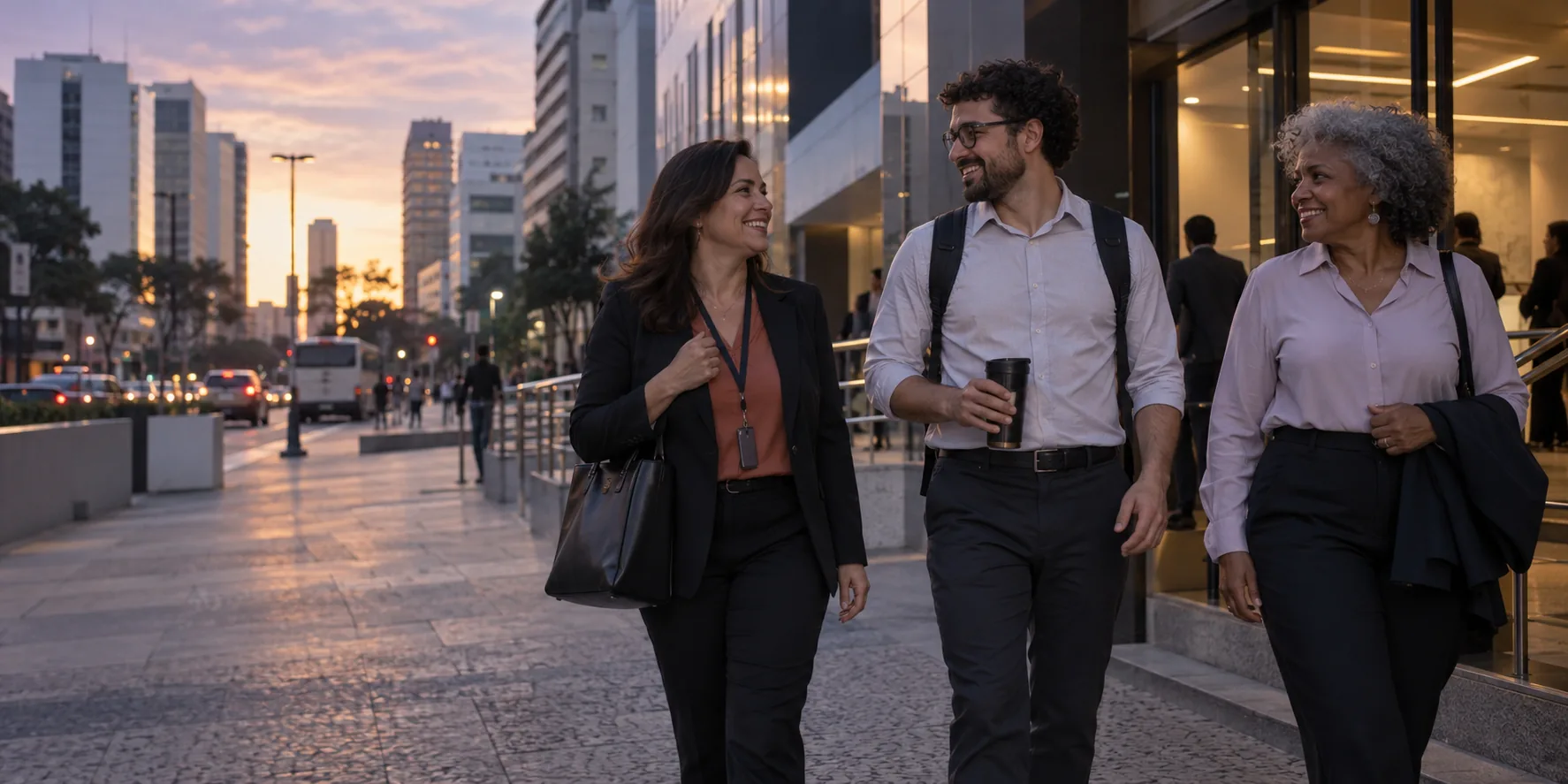 Três profissionais deixam o trabalho juntos no fim do dia
